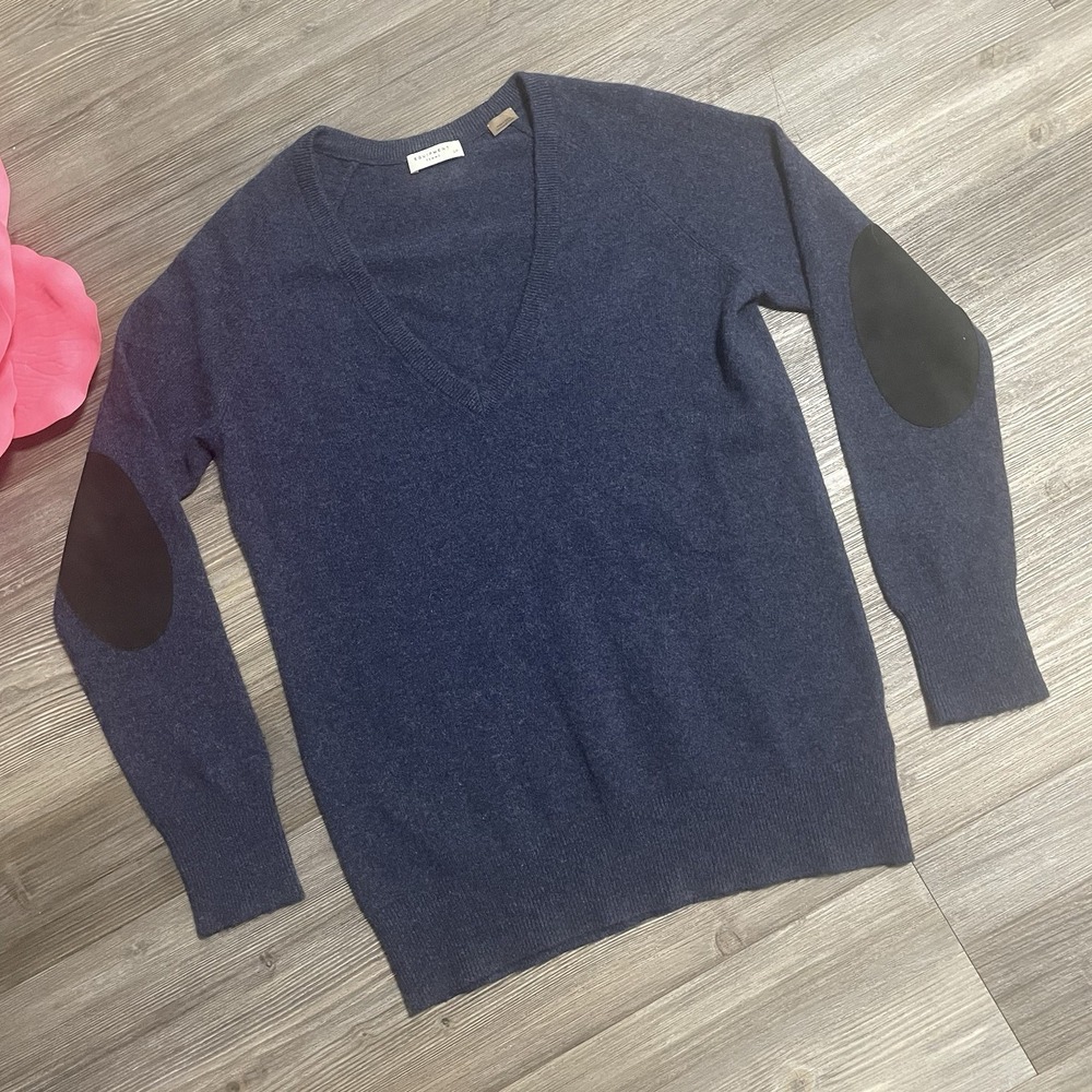 EQUIPMENT FEMME Sz S Blue 100% Cashmere V-Neck Sweater w/ Elbow Patches Capsule